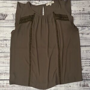 LOFT Olive Sleeveless Blouse with Lace Trim Sz. L